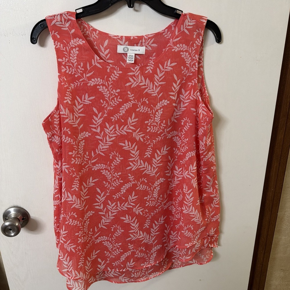 Cristina B Orange White Floral Layered Sleeveless Blouse Size S Pullover Women